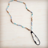 Picture Jasper & Amazonite Long Beaded Necklace w/ Crystal Pendant 262r