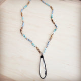 Picture Jasper & Amazonite Long Beaded Necklace w/ Crystal Pendant 262r