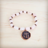 **Rose Quartz Beaded Stretch Bracelet w/ Copper Cross Charm 811v