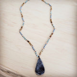 Amazonite & Crystal Long Beaded Necklace w/ Druzy Pendant 262u