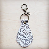 **Embossed Leather Key Chain Sandy White Floral 703n