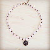 **Rose Quartz Collar Necklace w/ Copper Cross Round Charm 263j