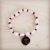 **Rose Quartz Beaded Stretch Bracelet w/ Copper Cross Charm 811v