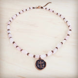 **Rose Quartz Collar Necklace w/ Copper Cross Round Charm 263j