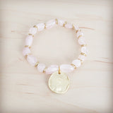**Rose Quartz Beaded Stretch Bracelet w/ Gold Coin Charm 811u
