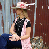 **Rose Quartz Collar Necklace w/ Copper Cross Round Charm 263j